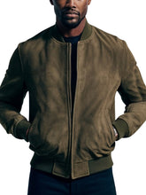 Menās Olive Green Suede Bomber Jacket